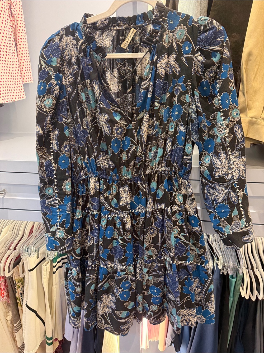 Ulla Johnson Black and Blue Floral Tiered Long-Sleeve Dress